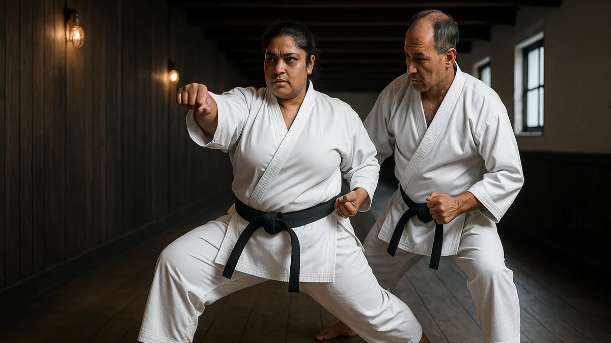 A karate practitioner executes a perfectly timed oi-zuki, with their front foot and fist arriving at the target simultaneously, demonstrating full-body coordination.