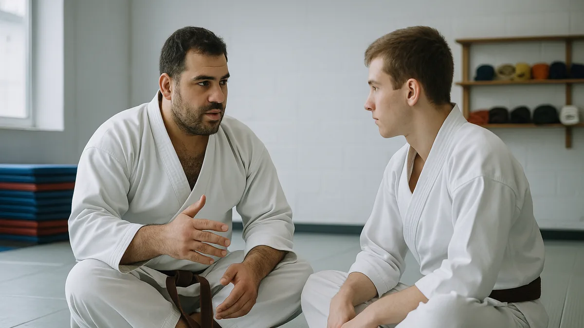 A senior karateka and a beginner sit cross-legged on the dojo floor, engaged in a focused conversation, with the senior gesturing as if explaining a technique.