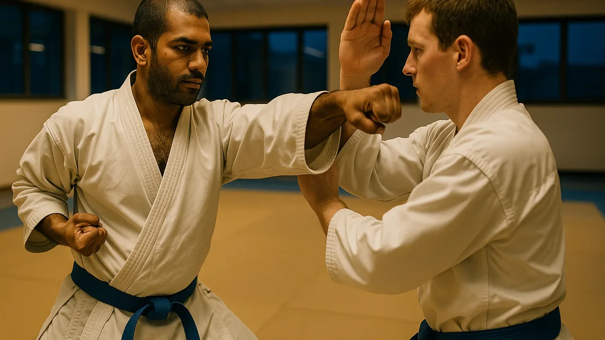 A senior karate practitioner is guiding a less experienced partner through a controlled sparring drill, demonstrating a precise punch while the partner attentively blocks.