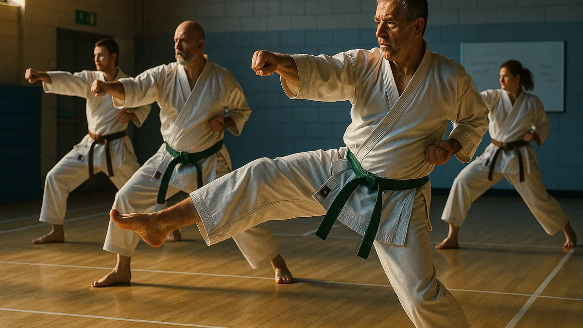 A karate practitioner executes a powerful yoko-geri with visible hip rotation, showing the correct alignment and force behind the kick.