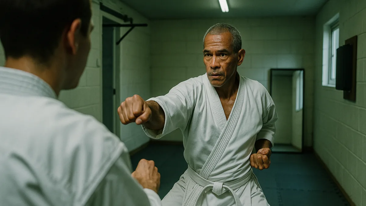 A karate practitioner in a fighting stance, demonstrating a front leg mae-geri with precision and focus.