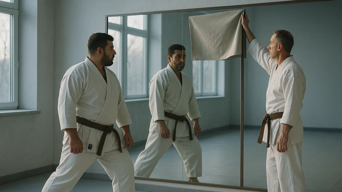 A karate student stands in front of a large mirror, focusing intently on their stance and alignment, with a sensei nearby covering part of the mirror with a cloth.