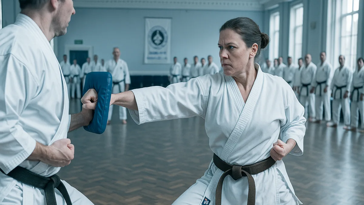 A karate practitioner executes a powerful gyaku-zuki punch into a focus mitt held by a partner, demonstrating full commitment and hip rotation.
