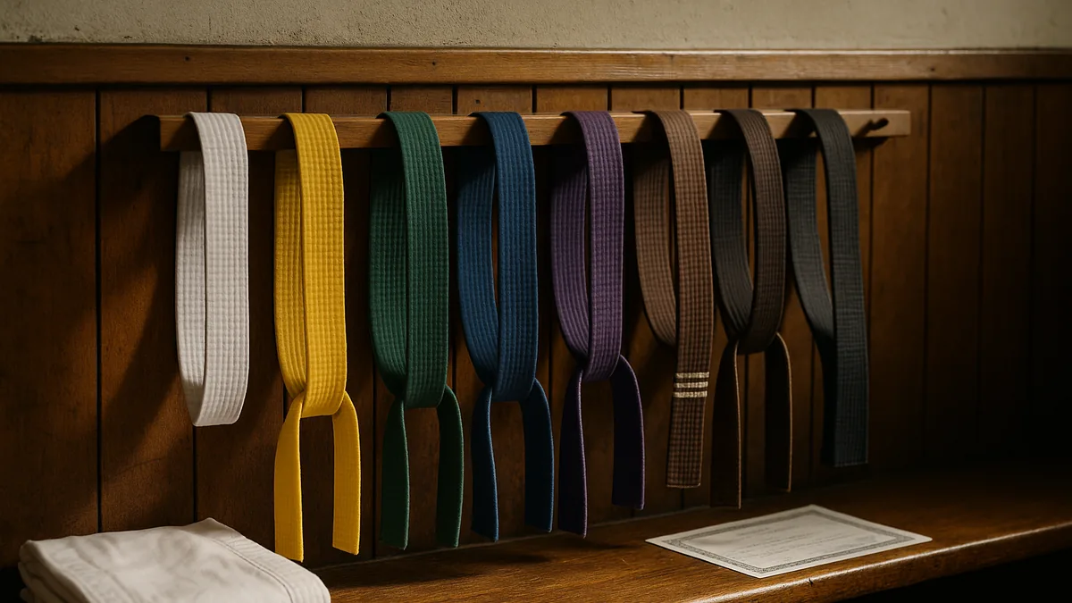 Karate belts hung in grading order from white to black on a dojo wall rack showing progressive wear