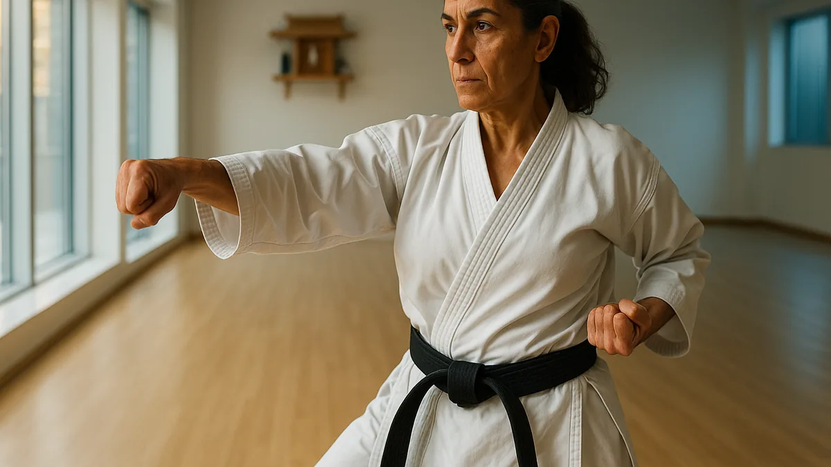 A karate practitioner executing a gyaku-zuki punch against a suspended pad, with the pad snapping back sharply on impact.