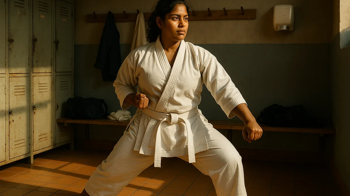 Three karate practitioners are engaged in different training methods: one is performing line work with precise form, another is striking pads held by a partner, and the third is drilling with a partner in a controlled sparring scenario.