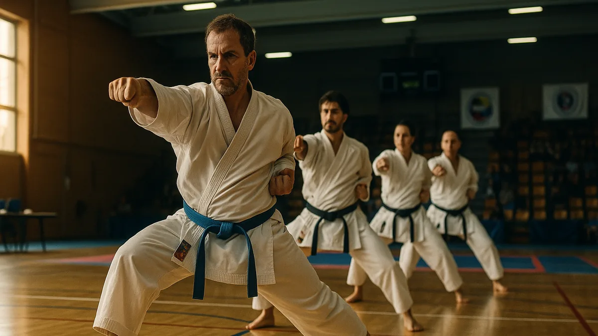 A karateka stands alone in a dojo, eyes focused and intense, as they throw a punch into the air, visualizing an opponent.