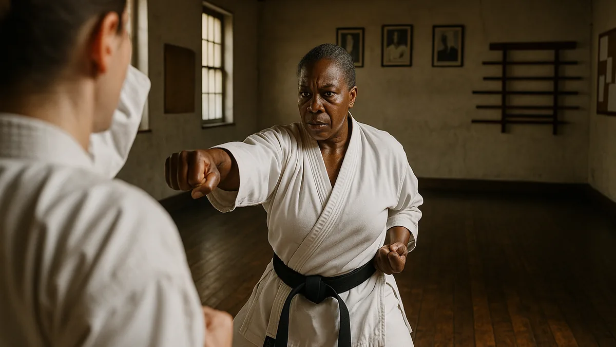 A senior black belt practitioner performing a deliberate slow-motion lunge punch in an empty dojo with soft morning light