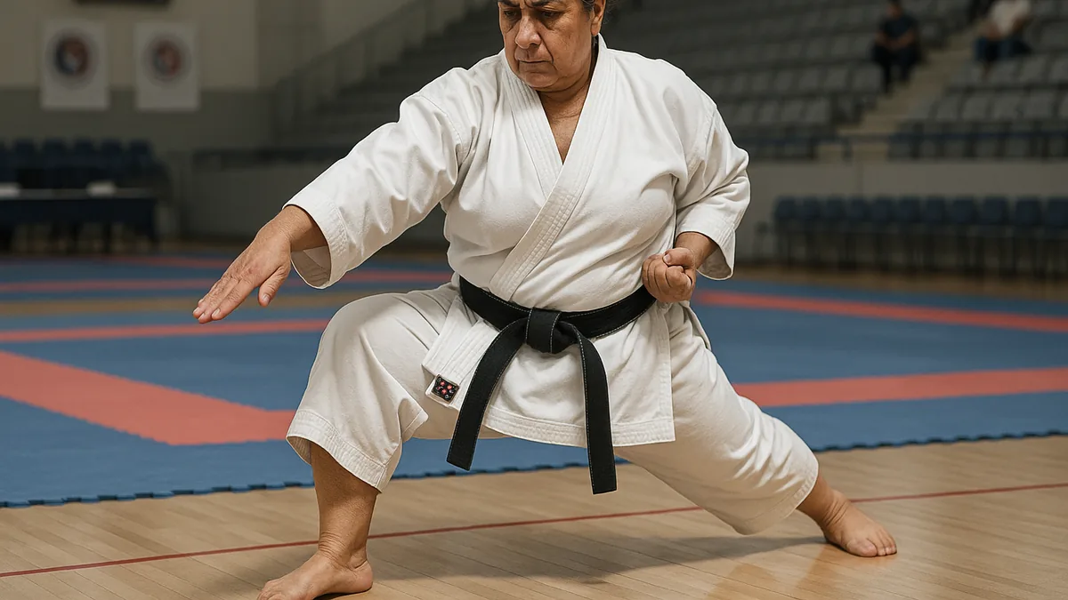 A karate practitioner stands alone in a quiet dojo, intensely focused on executing a slow, deliberate reverse punch with perfect form.
