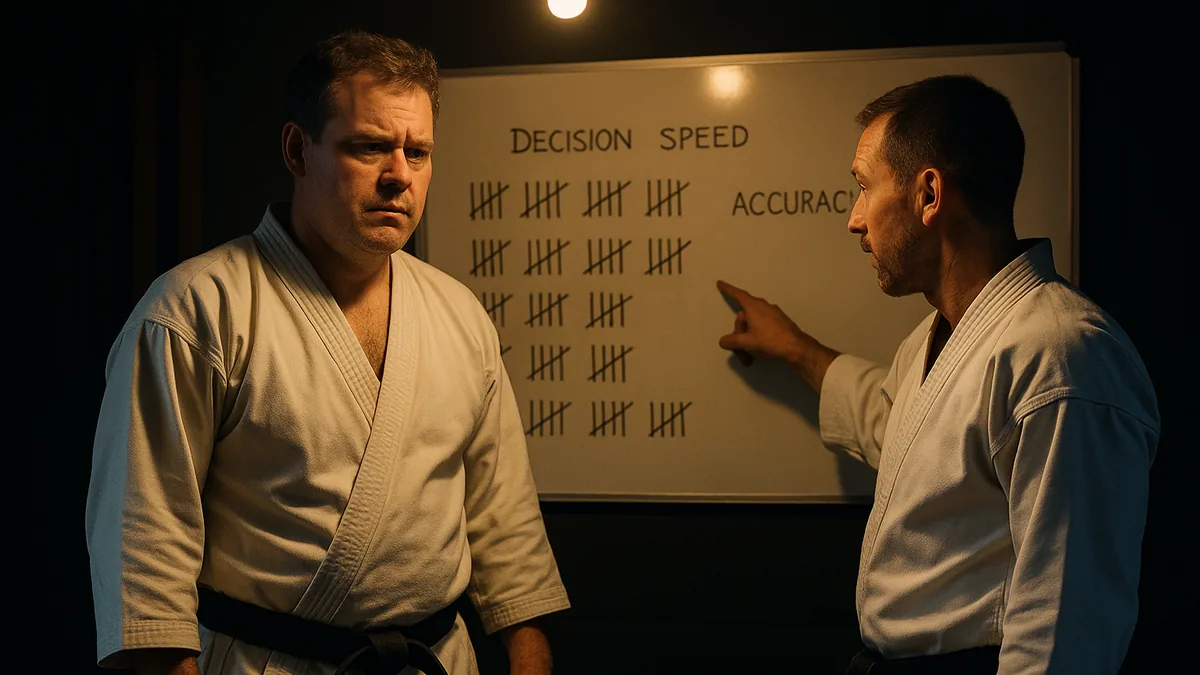 A karate student stands in front of a whiteboard filled with tally marks, looking puzzled while an instructor points to a section labeled 'Decision Speed' and 'Accuracy'.