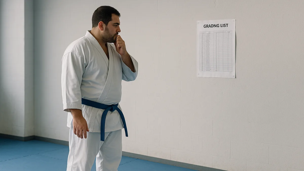 A student stands hesitantly at the edge of a dojo mat, looking at a grading list pinned to the wall.
