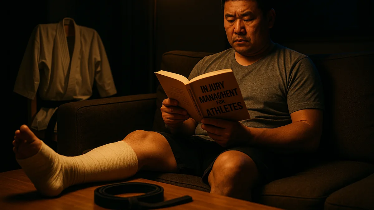 A karate practitioner sits on a couch with their leg elevated and wrapped in a bandage, reading a book on injury management.