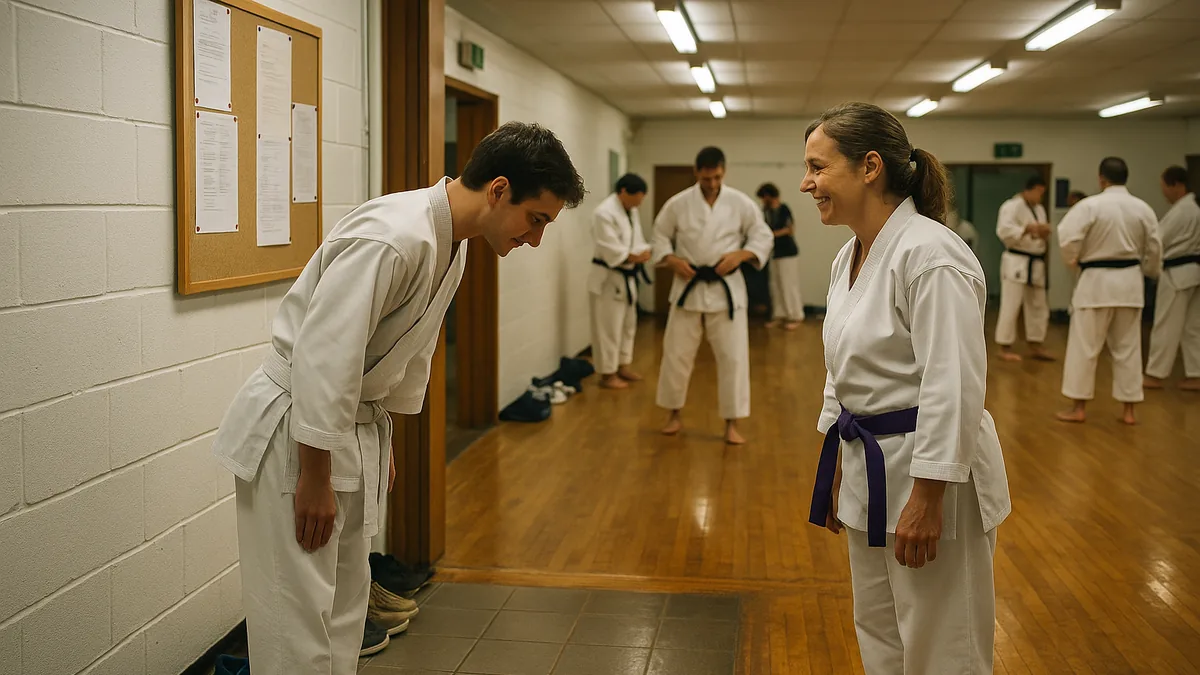 Two karate practitioners greeting each other at a dojo entrance before class with other students preparing in the background