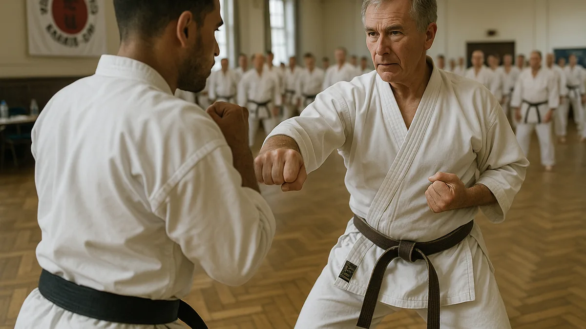 A karate instructor guiding a student with a hand gesture during class correction, with other students training in the background