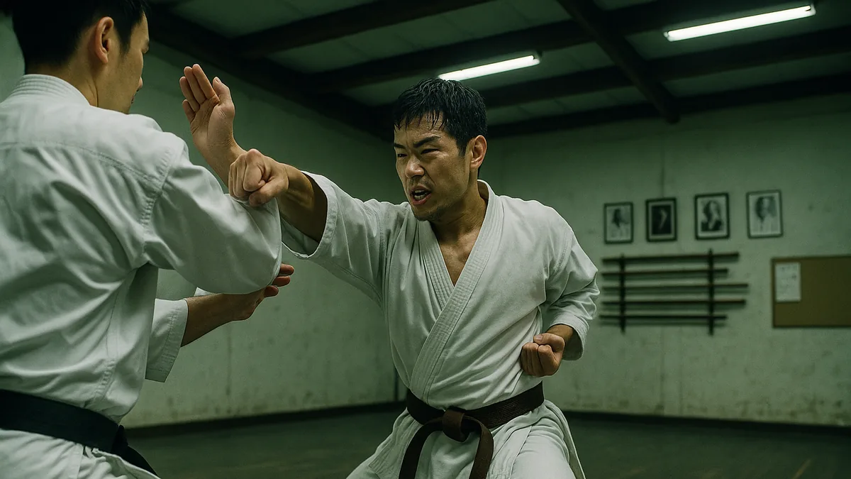 A karate practitioner executing a pivot during a combination, with clear focus on footwork and core stability.
