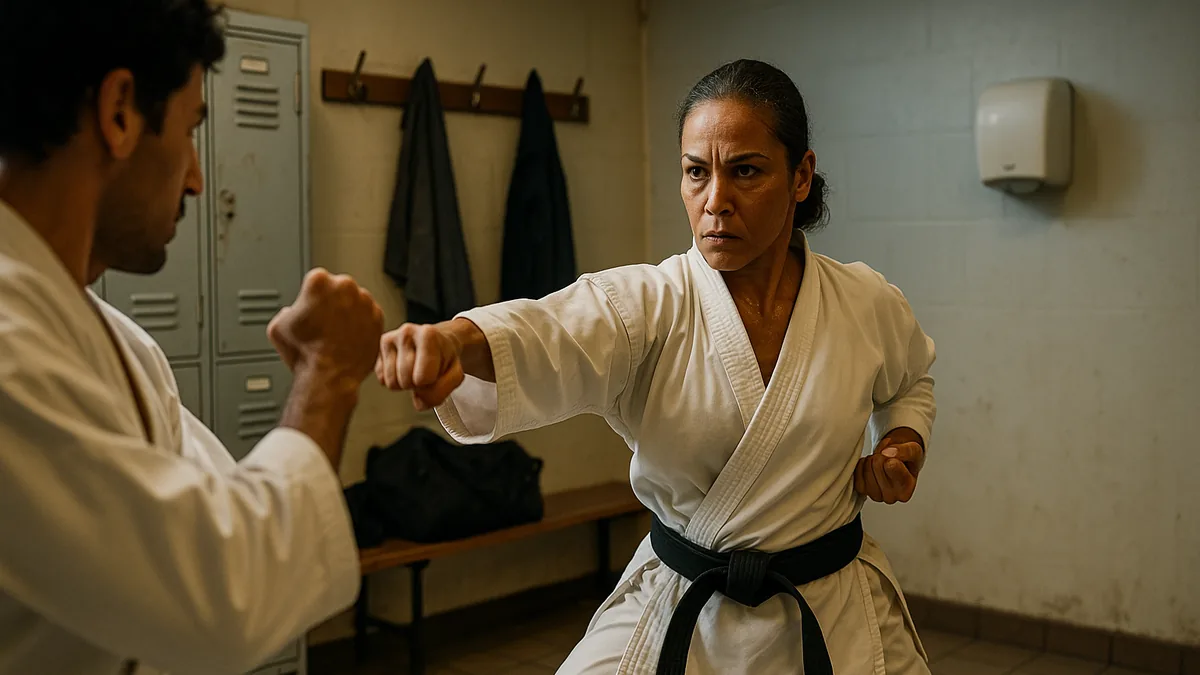 A karate practitioner in mid-motion, transitioning from a dynamic sparring stance into a powerful gyaku-zuki, with their back foot firmly planted and hip fully rotated.