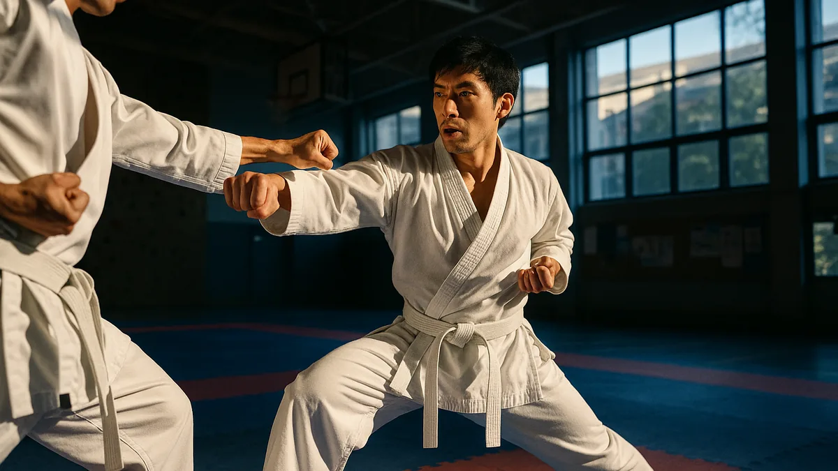 A karate student, visibly fatigued, struggles to maintain a proper guard stance during sparring practice.