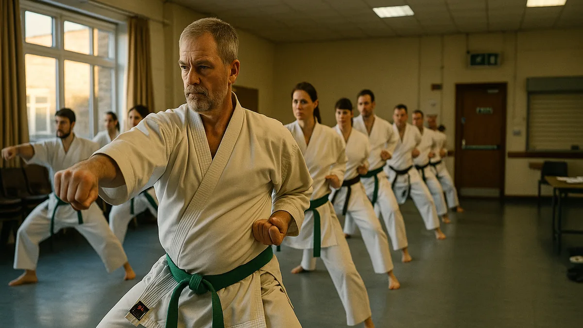 A karate practitioner demonstrates the difference between oi-zuki and gyaku-zuki, focusing on hip rotation and forward momentum.