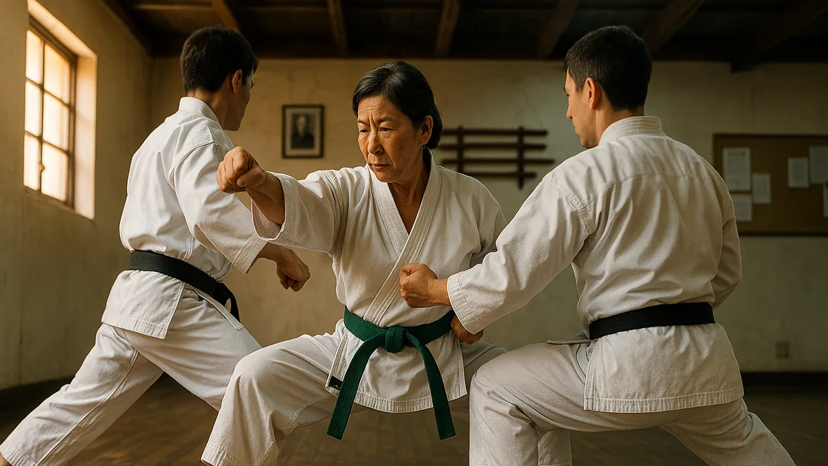 A karate practitioner executes a soto-uke block against an incoming punch, seamlessly transitioning into a counter-attack.
